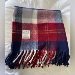 Vintage Faribo Throw Blanket Red Blue Plaid Fringed~ Lap Style 56”x52”.